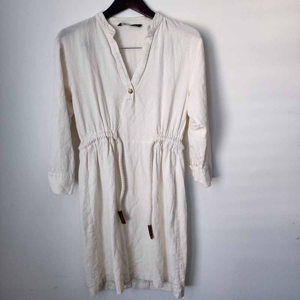 Zara-Cream Drawstring Waist V-Neck Midi Dress